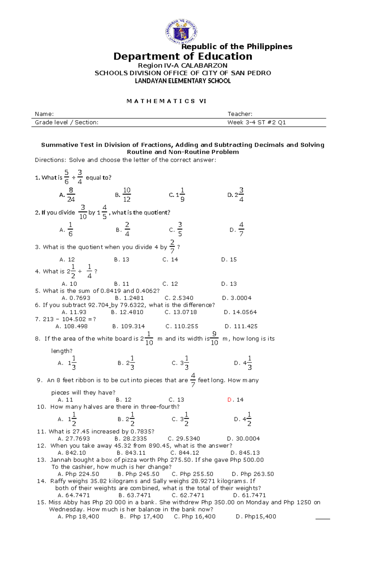 MATH-ST2-Q1W4 - summative test - Republic of the Philippines Department ...
