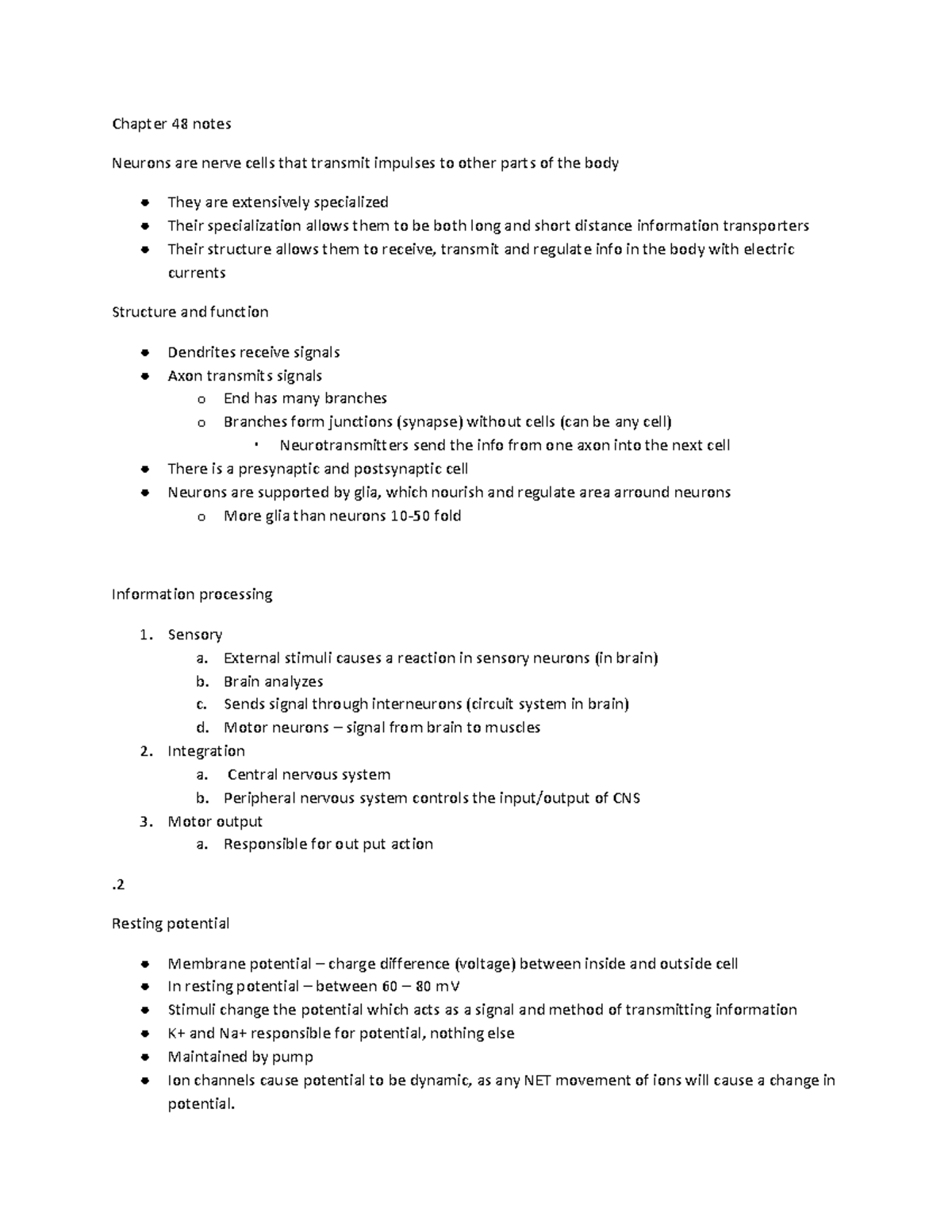 Chapter 48 notes - Summary General Biology 1 - Chapter 48 notes Neurons ...