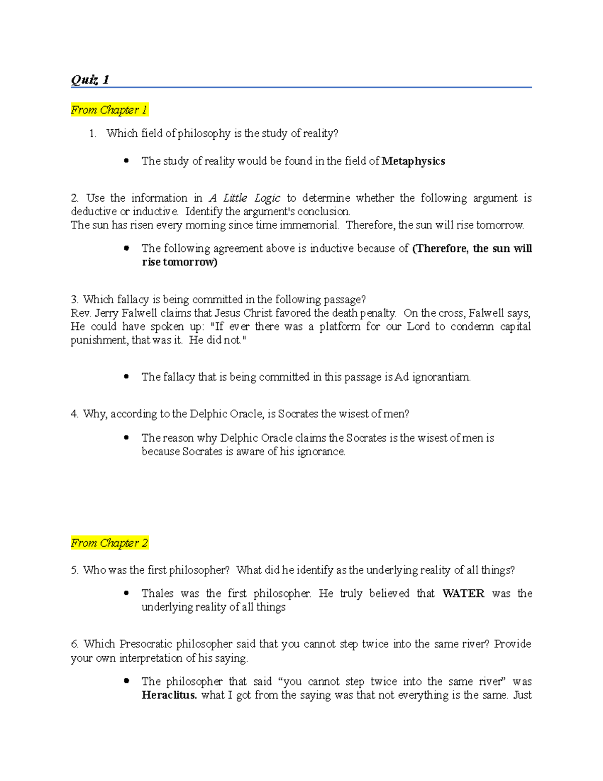 Philosophy Quiz 1 - The Quiz - Quiz 1 From Chapter 1 Which Field Of ...