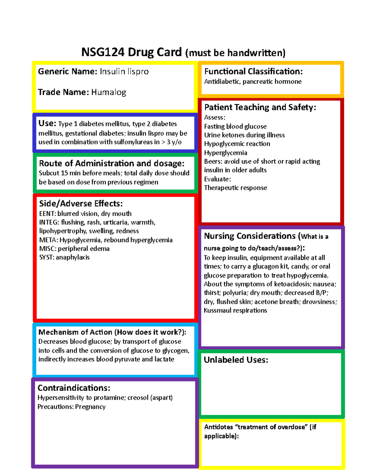 Insulin lispro - NSG124 Drug Card (must be handwritten) Side/Adverse