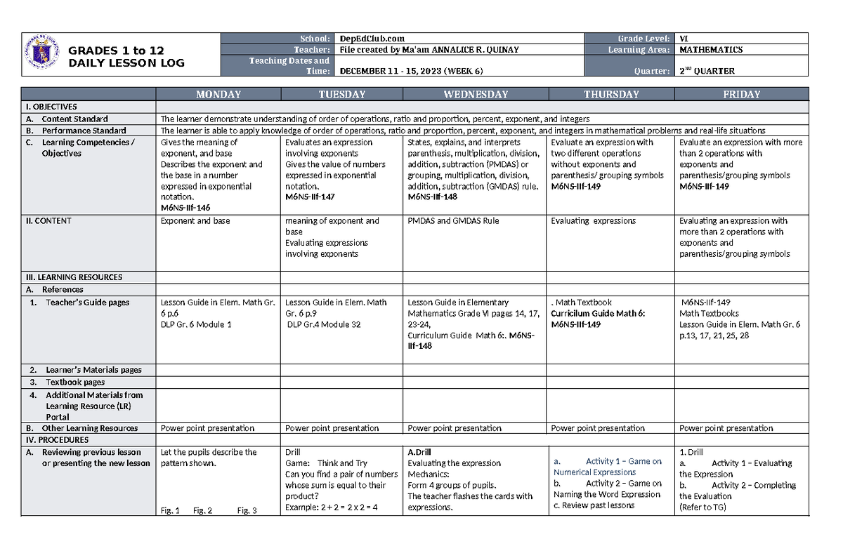 DLL Mathematics 6 Q2 W6 - GRADES 1 to 12 DAILY LESSON LOG School ...