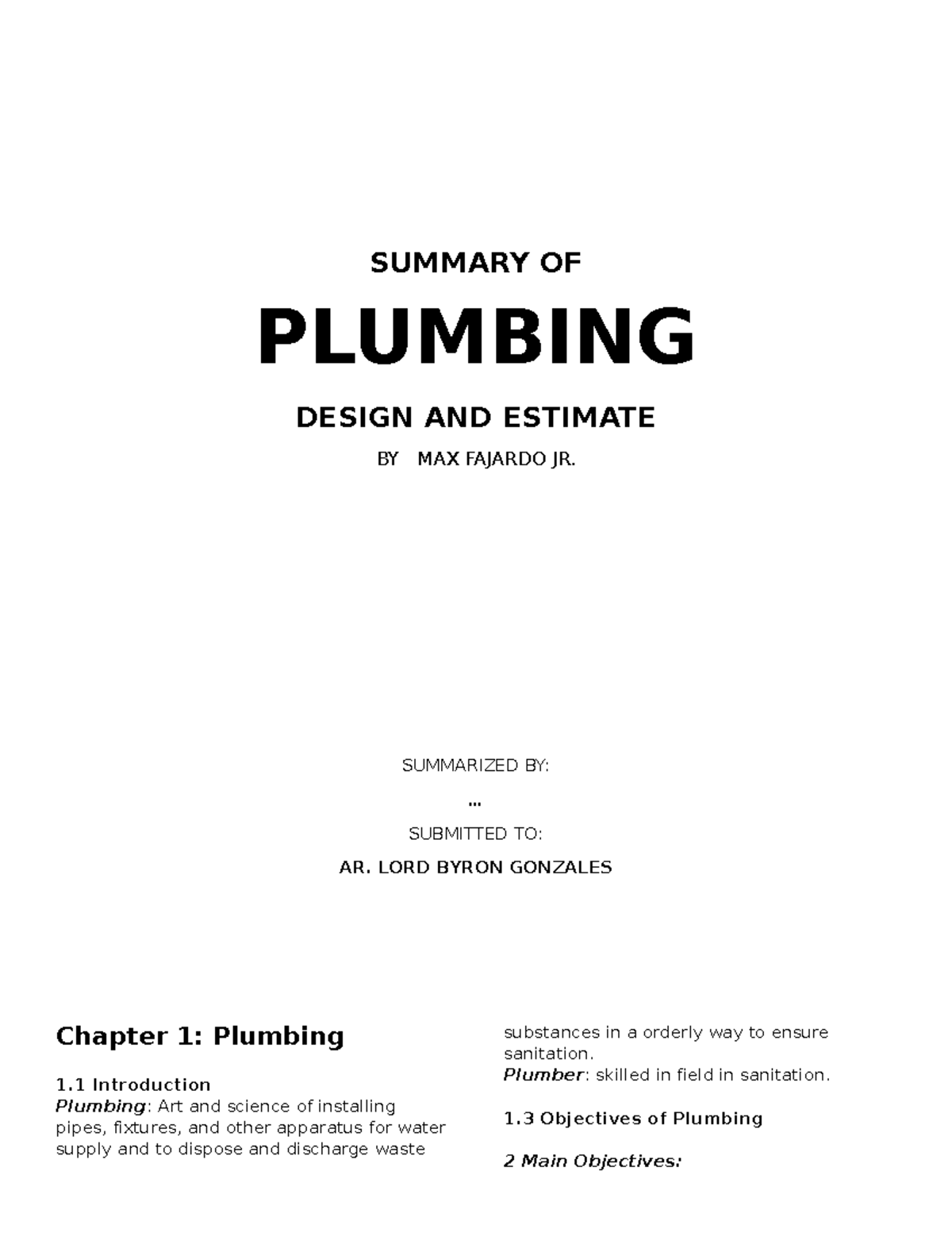 Building Utilities SUMMARY OF PLUMBING DESIGN AND ESTIMATE BY MAX