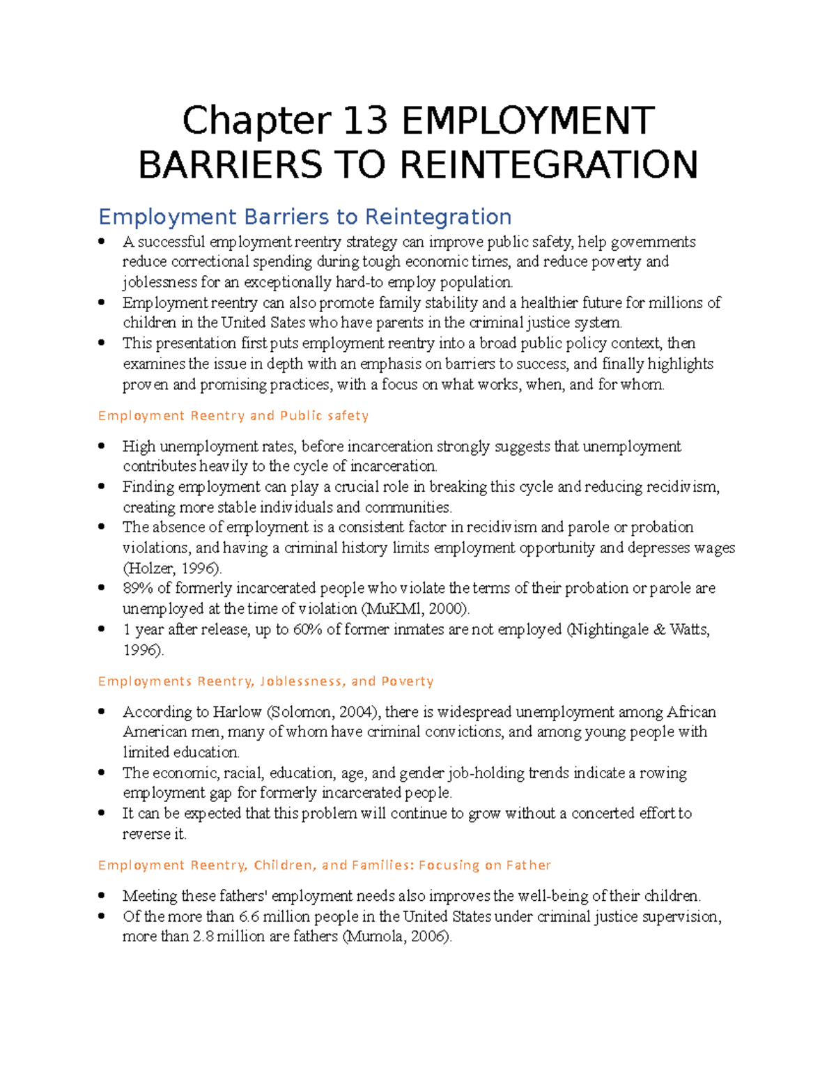 Chapter 13 Employment Barriers TO Reintegration Chapter 13 EMPLOYMENT
