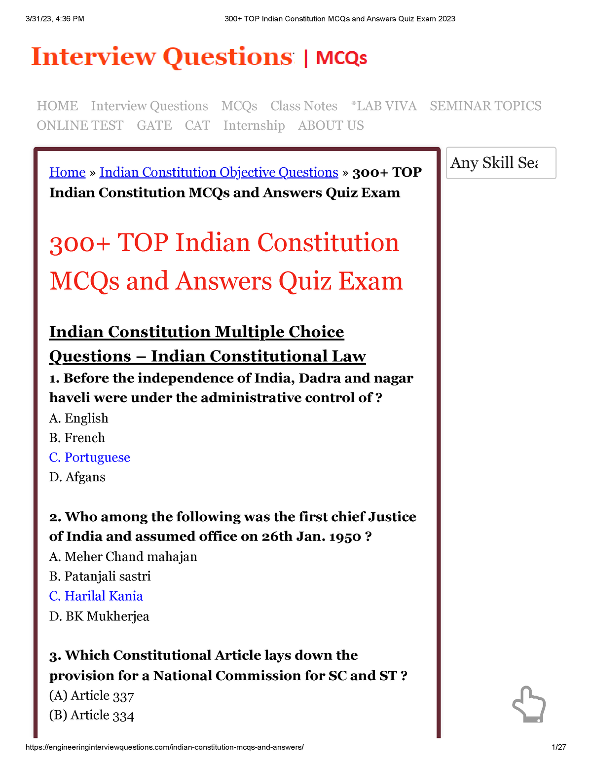 300+ TOP Indian Constitution MCQs And Answers Quiz Exam 2023 - English ...