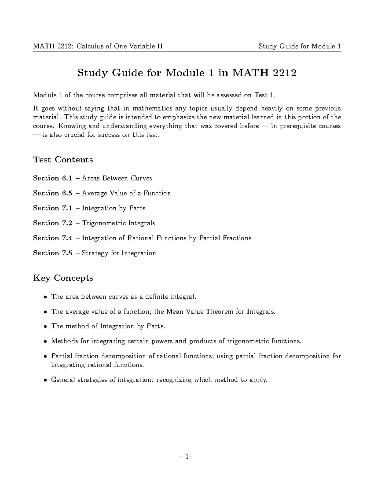 Study Guide (MATH-2212) - Module 1 - Study Guide for Module 1 in MATH ...