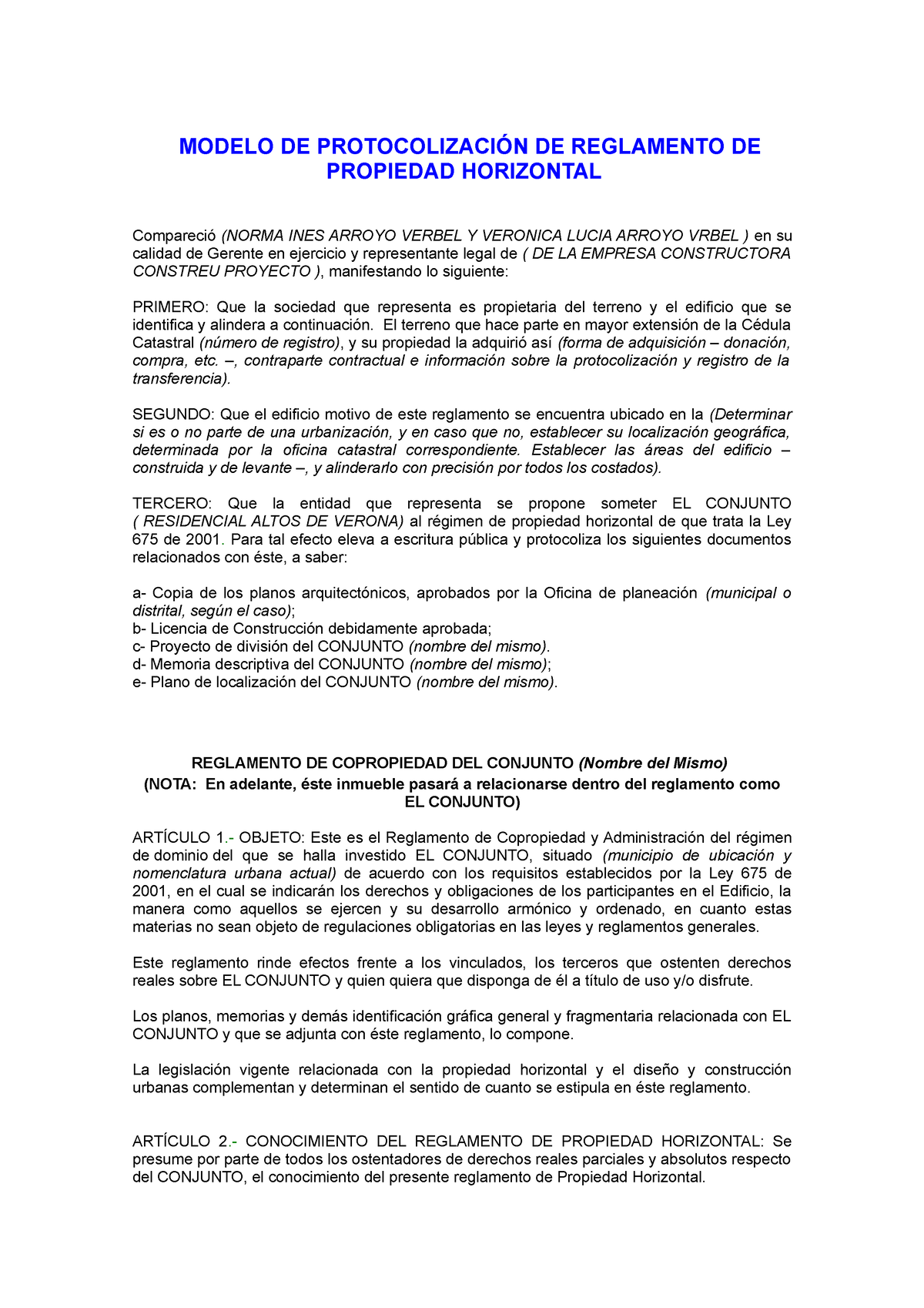Formato DE Propiedad Horizontal - MODELO DE PROTOCOLIZACIÓN DE REGLAMENTO  DE PROPIEDAD HORIZONTAL - Studocu