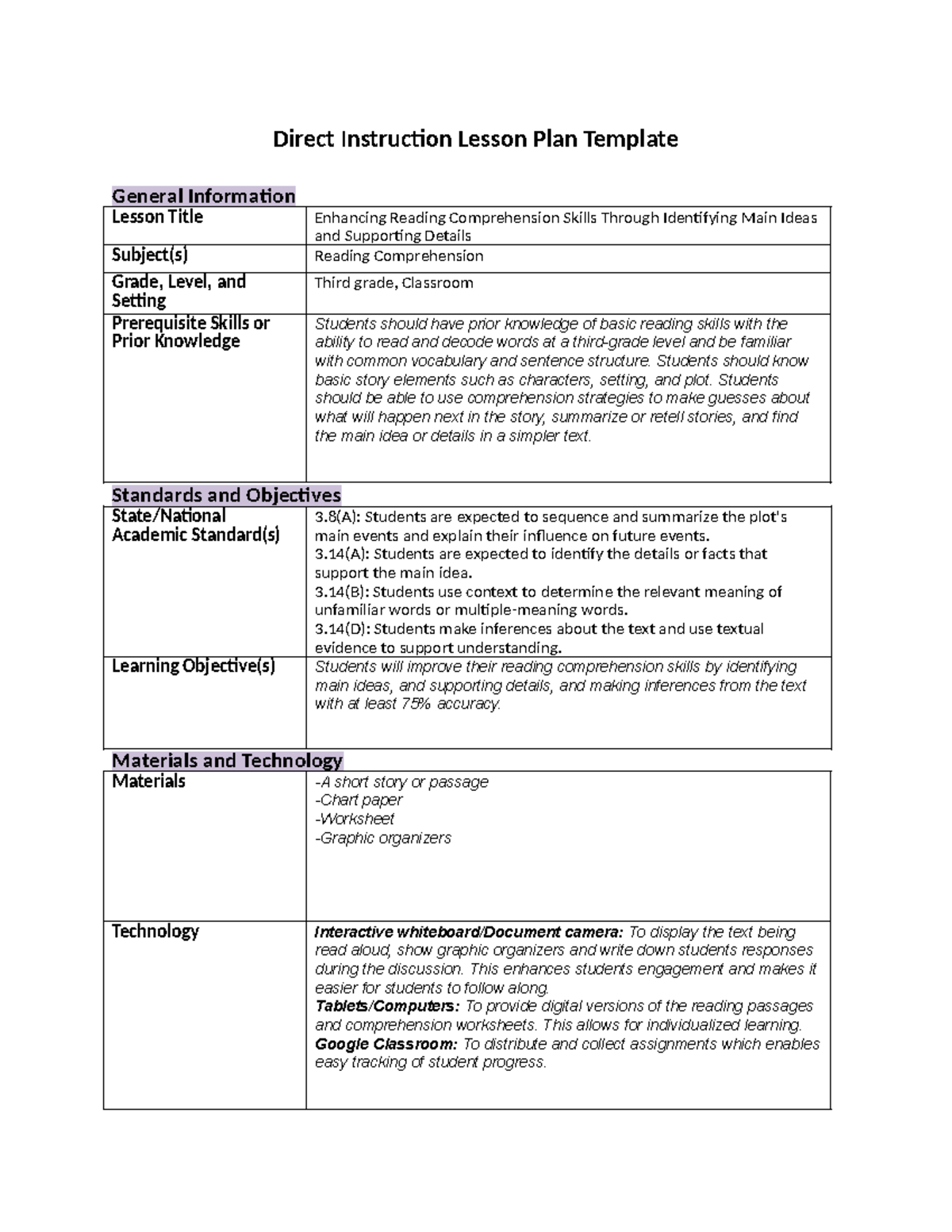 Task 1 C909 lesson plan - Passed first attempt - Direct Instruction ...