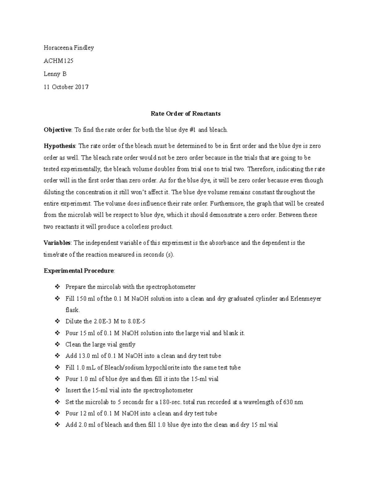 Experiment 16 - lab report - Horaceena Findley ACHM Lenny B 11 October ...