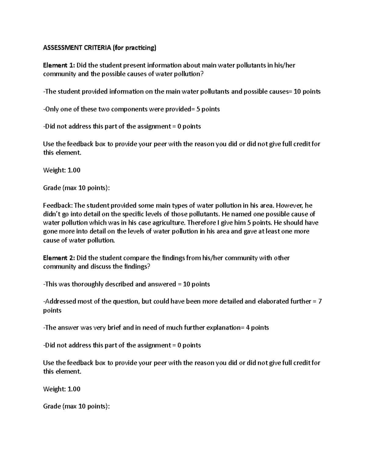 Peer assessment exercise - ASSESSMENT CRITERIA (for practicing) Element ...