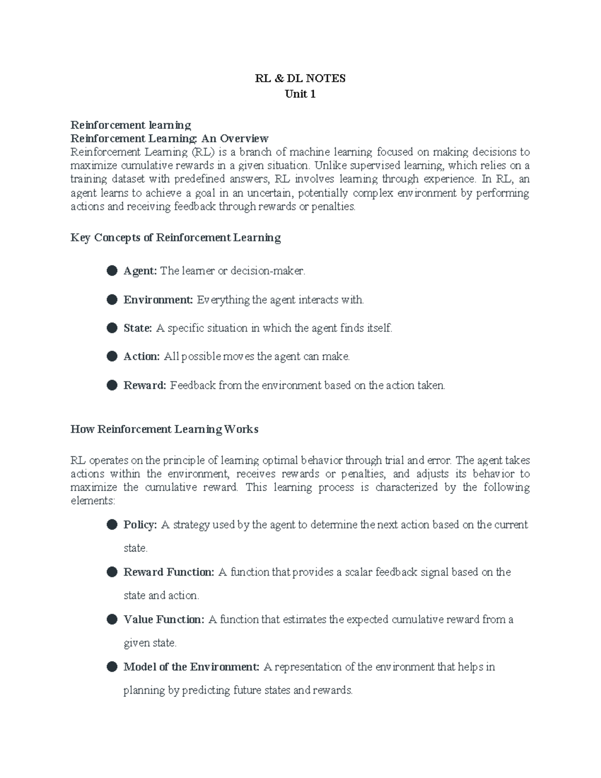 RL & DL Notes - RLDL - RL & DL NOTES Unit 1 Reinforcement learning ...