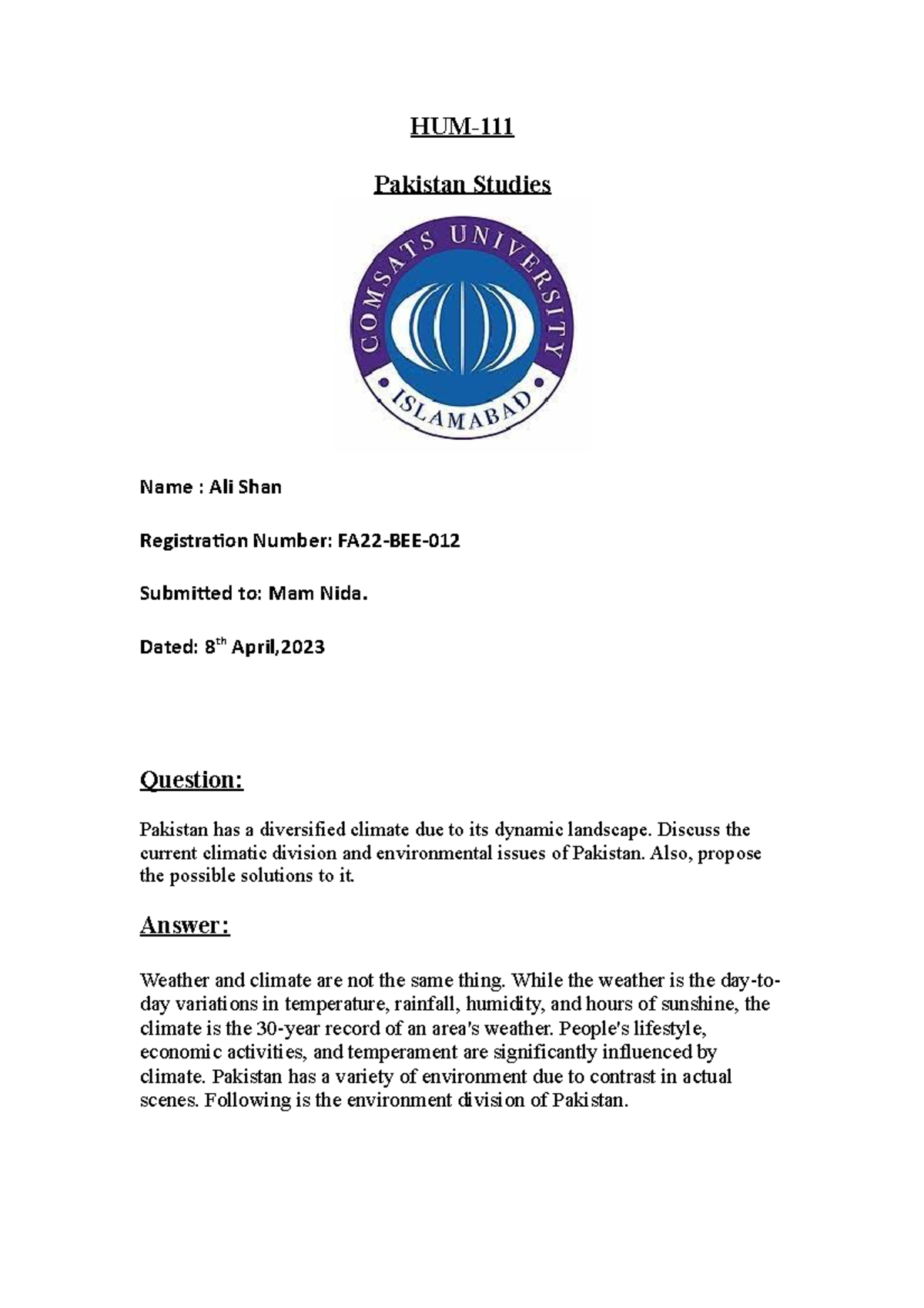 HUM-111 FA22-BEE-012 Assignment 2 - HUM- Pakistan Studies Name : Ali ...