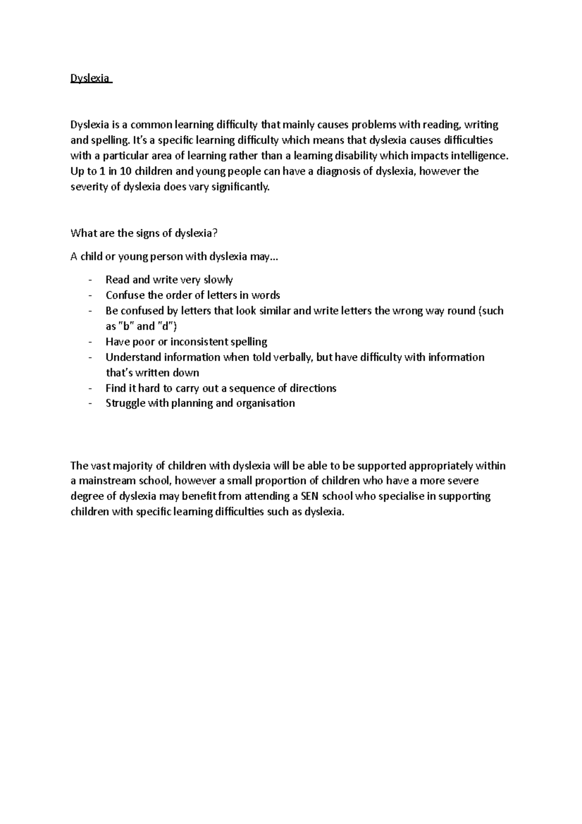 Dyslexia Notes docx - Dyslexia Dyslexia is a common learning difficulty ...