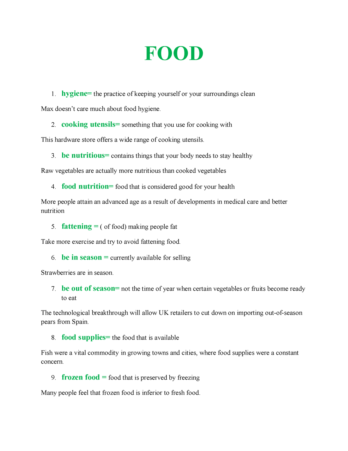 Food - vocabulary - FOOD 1. hygiene= the practice of keeping yourself ...