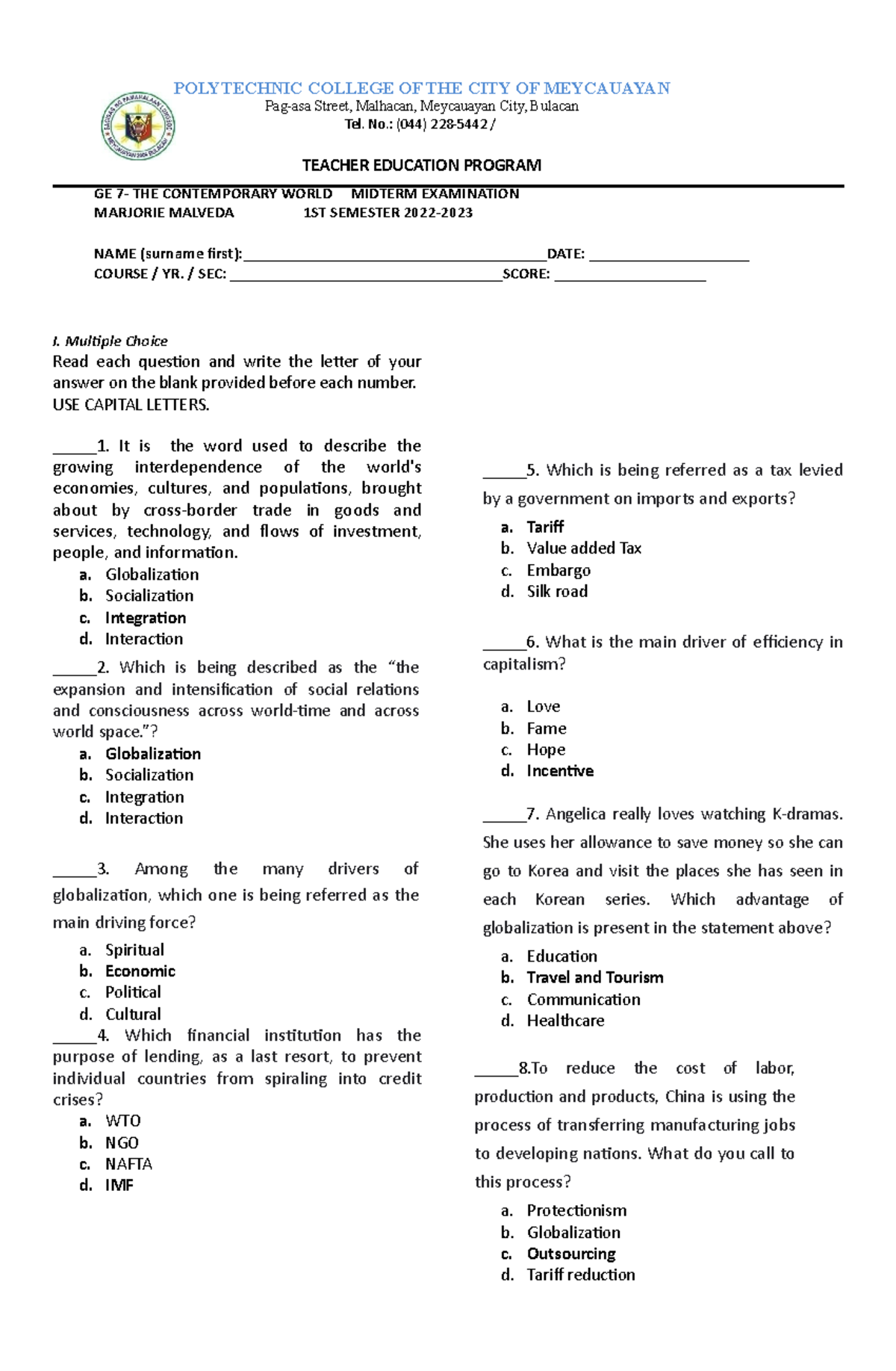 GE 7 Midterm - educ - POLYTECHNIC COLLEGE OF THE CITY OF MEYCAUAYAN Pag ...