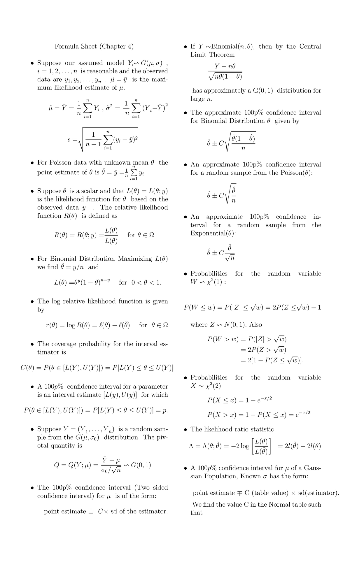 Formula sheets for exams If Y then the Central Limit Theorem Formula