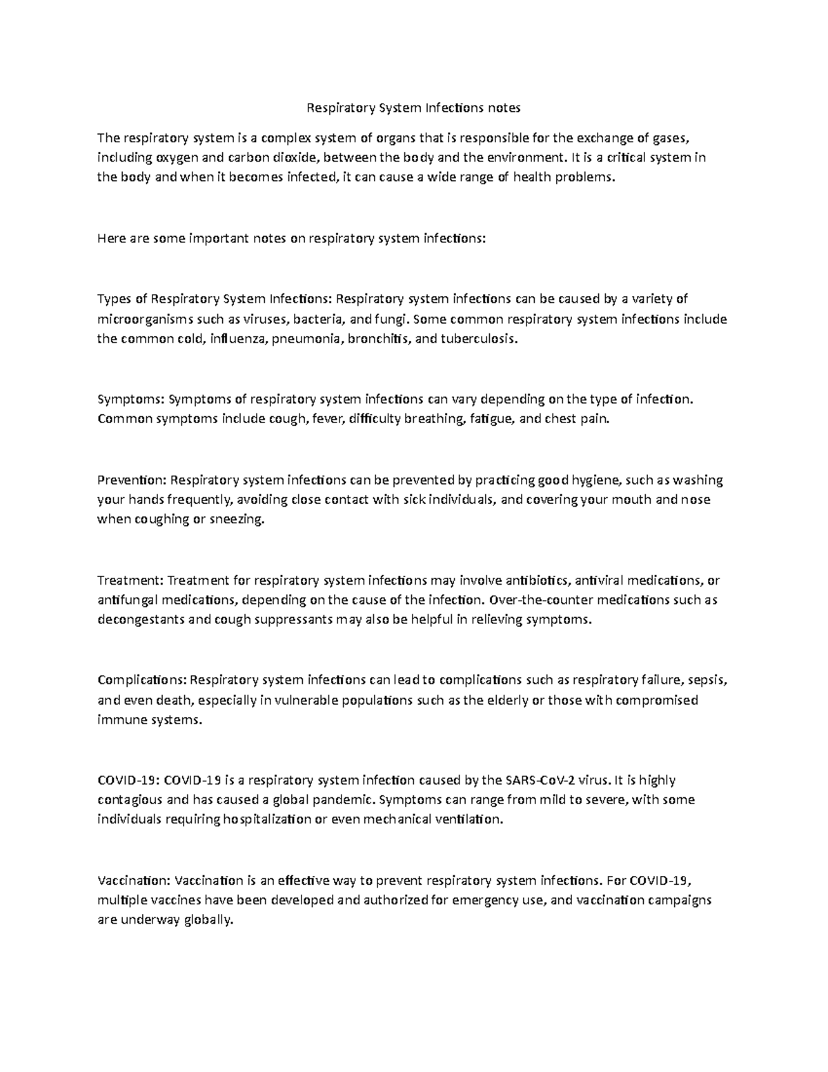 Respiratory System Infections notes - It is a critical system in the ...