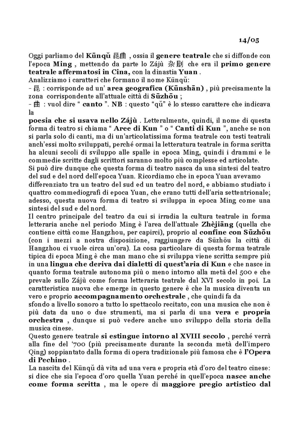 14 - Appunti 14.05 - 14/05 Oggi parliamo del Kūnqǔ 昆曲 , ossia il genere  teatrale che si diffonde con - Studocu