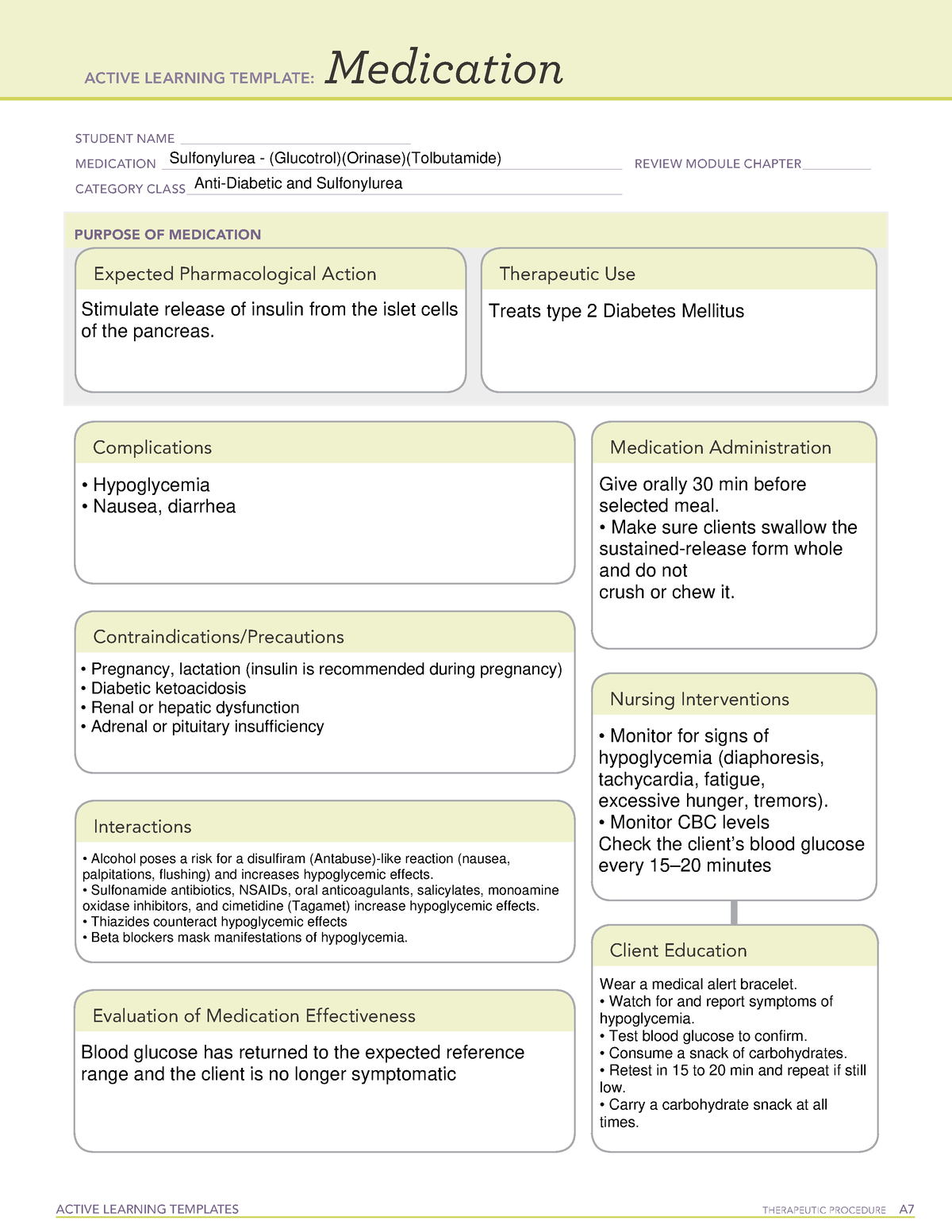ATI Sulfonylurea (Glucotrol)(Orinase)(Tolbutamide) Med Sheet ACTIVE