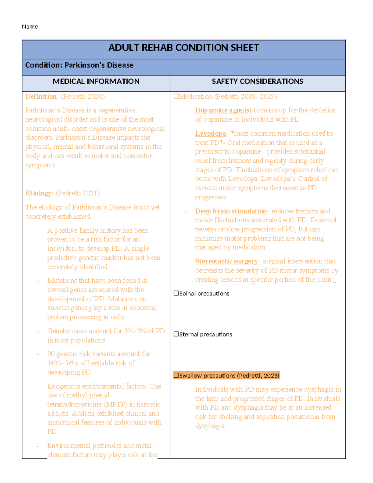 Parkinson's Disease Adult rehab condition sheet -2 - Name ADULT REHAB ...