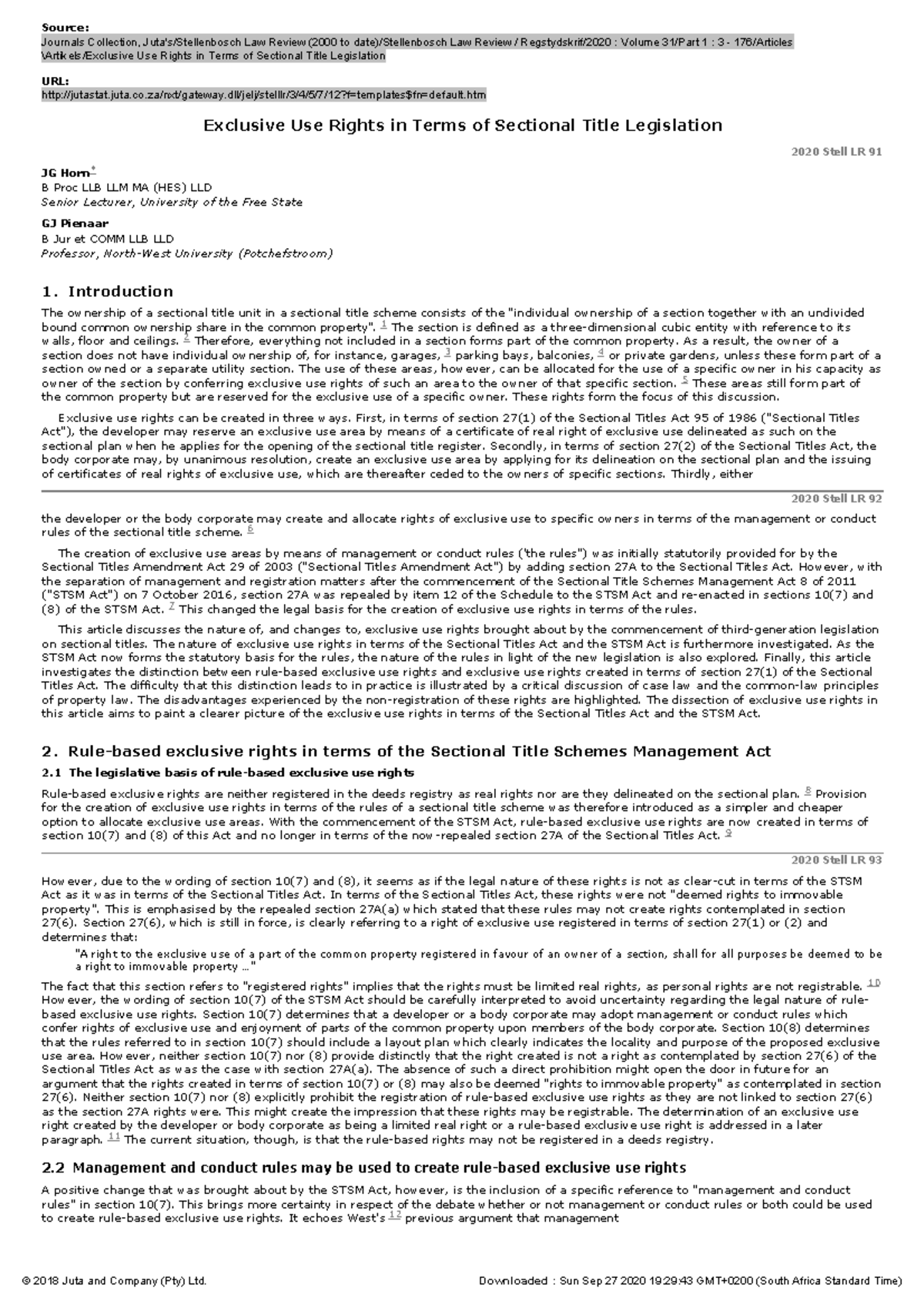 Exclusive Use Rights in Terms of Sectional Title Legislation Studocu