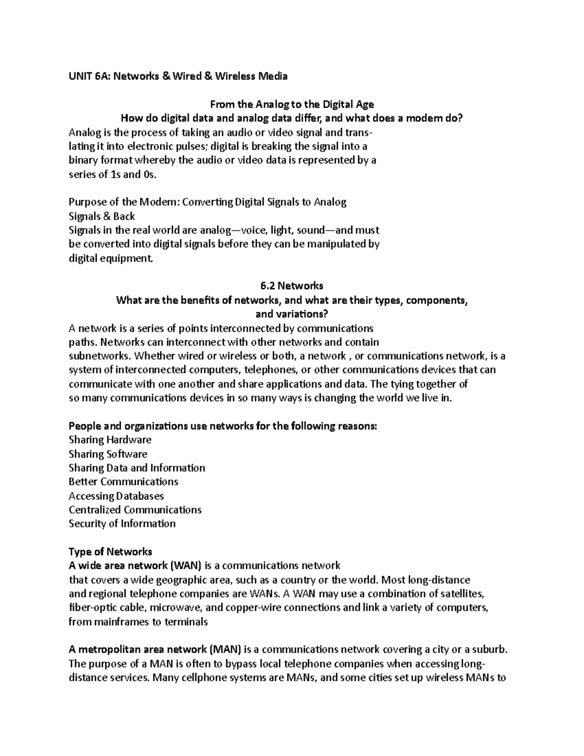 Ch 6 textbook notes 2021 - UNIT 6A: Networks & Wired & Wireless Media ...