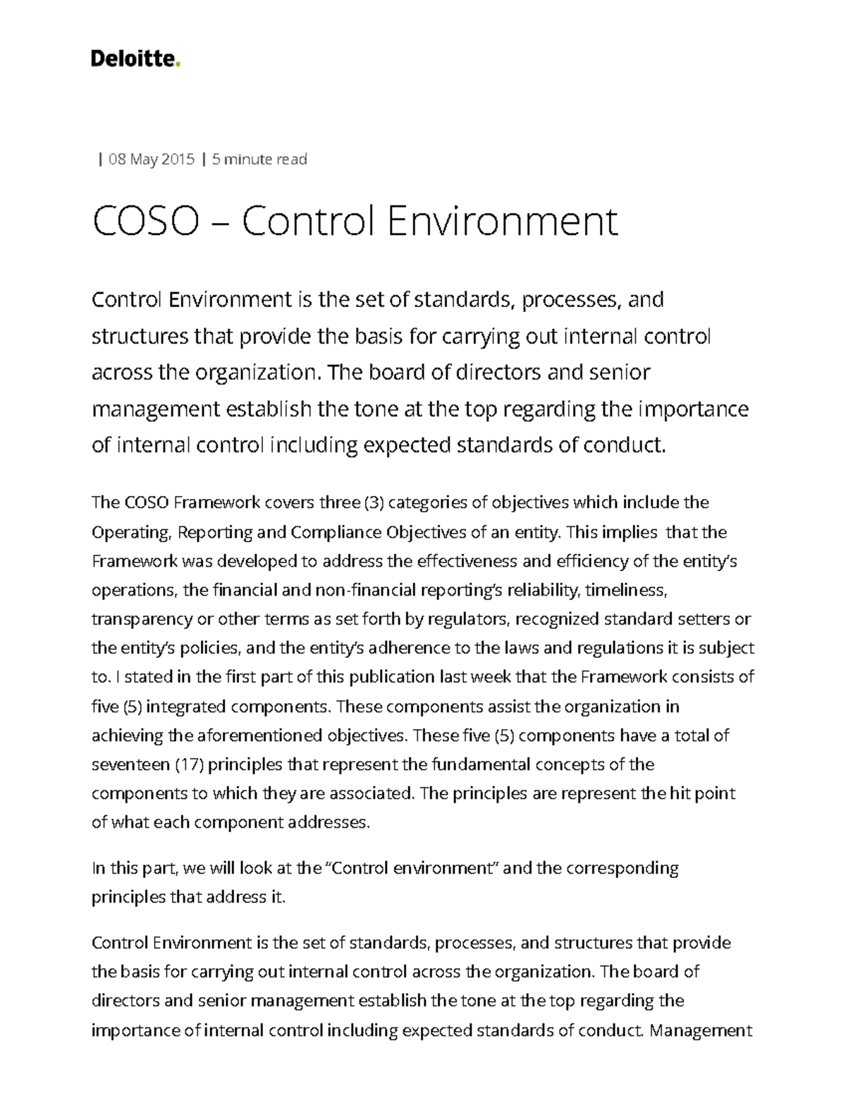 COSO Control Environment 08 May 2015 5 minute read COSO Control