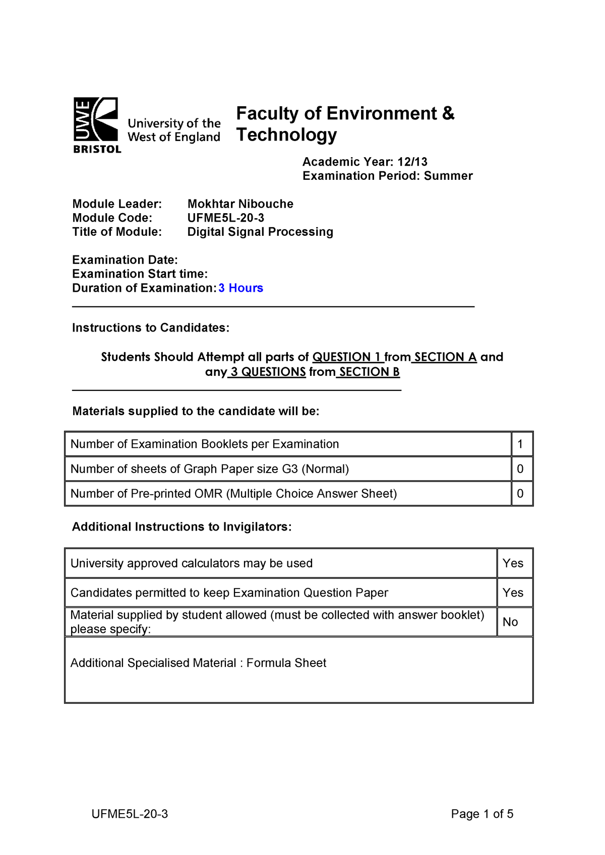 Exam May 2013, Questions - Faculty Of Environment & Technology Academic ...