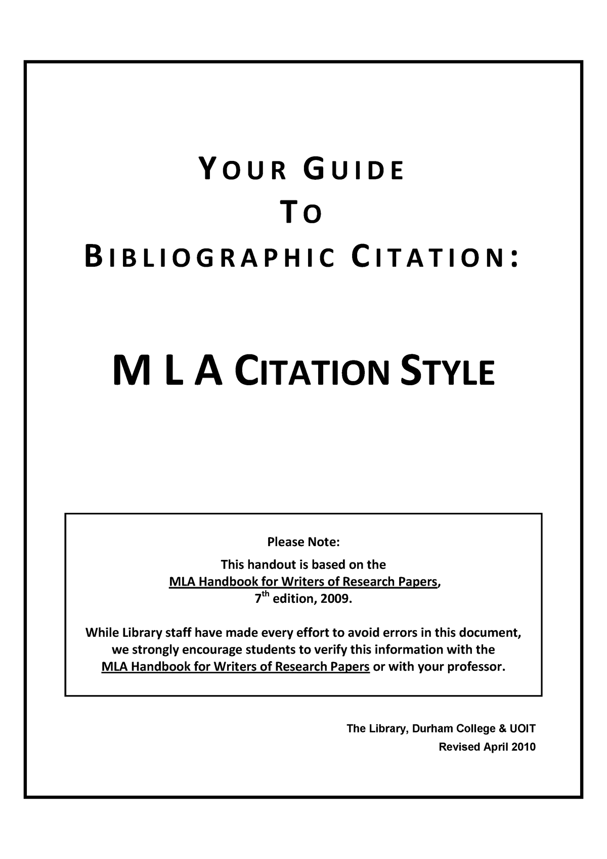 MLA Citation Style - Lecture Notes - YOUR GUIDE TO BIBLIOGRAPHIC ...