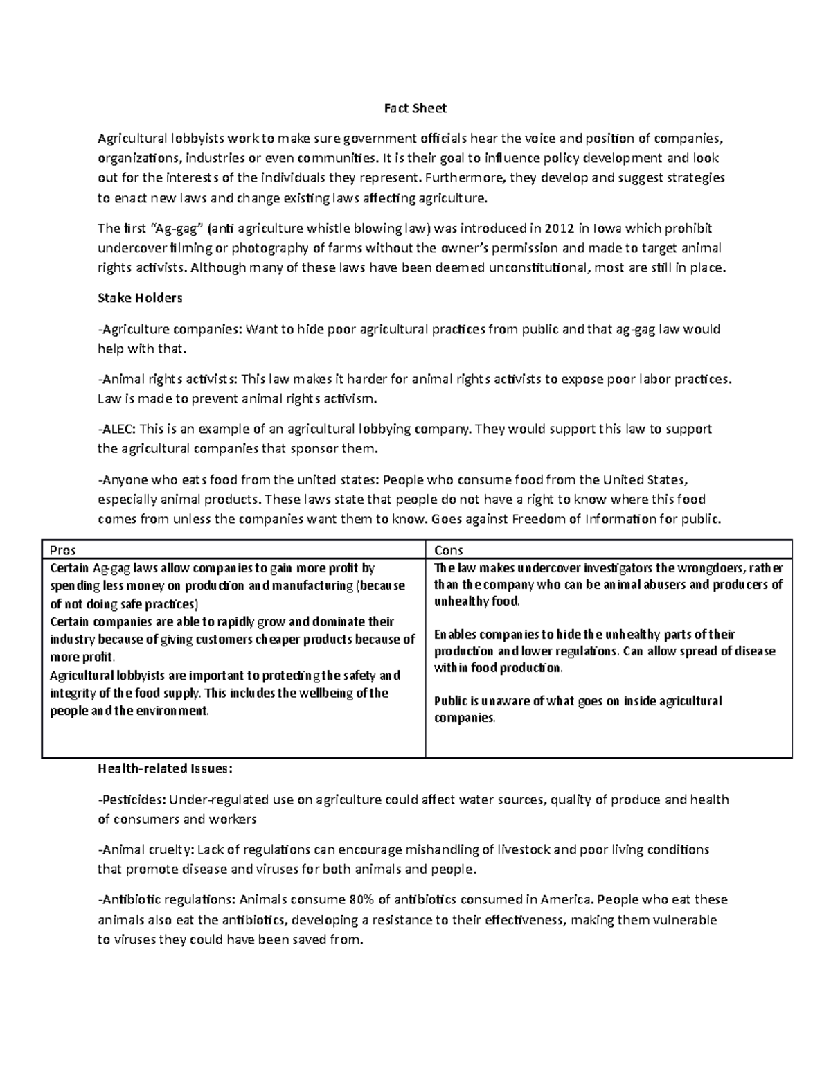 Health Project Fact Sheet Fact Sheet Agricultural lobbyists work to