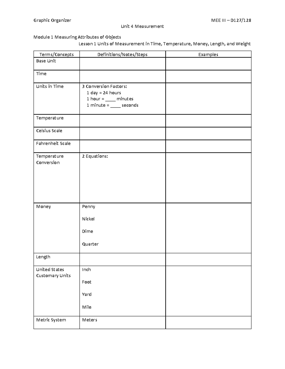 Unit 4 Study Guide - Unit 4 Measurement Module 1 Measuring Attributes ...