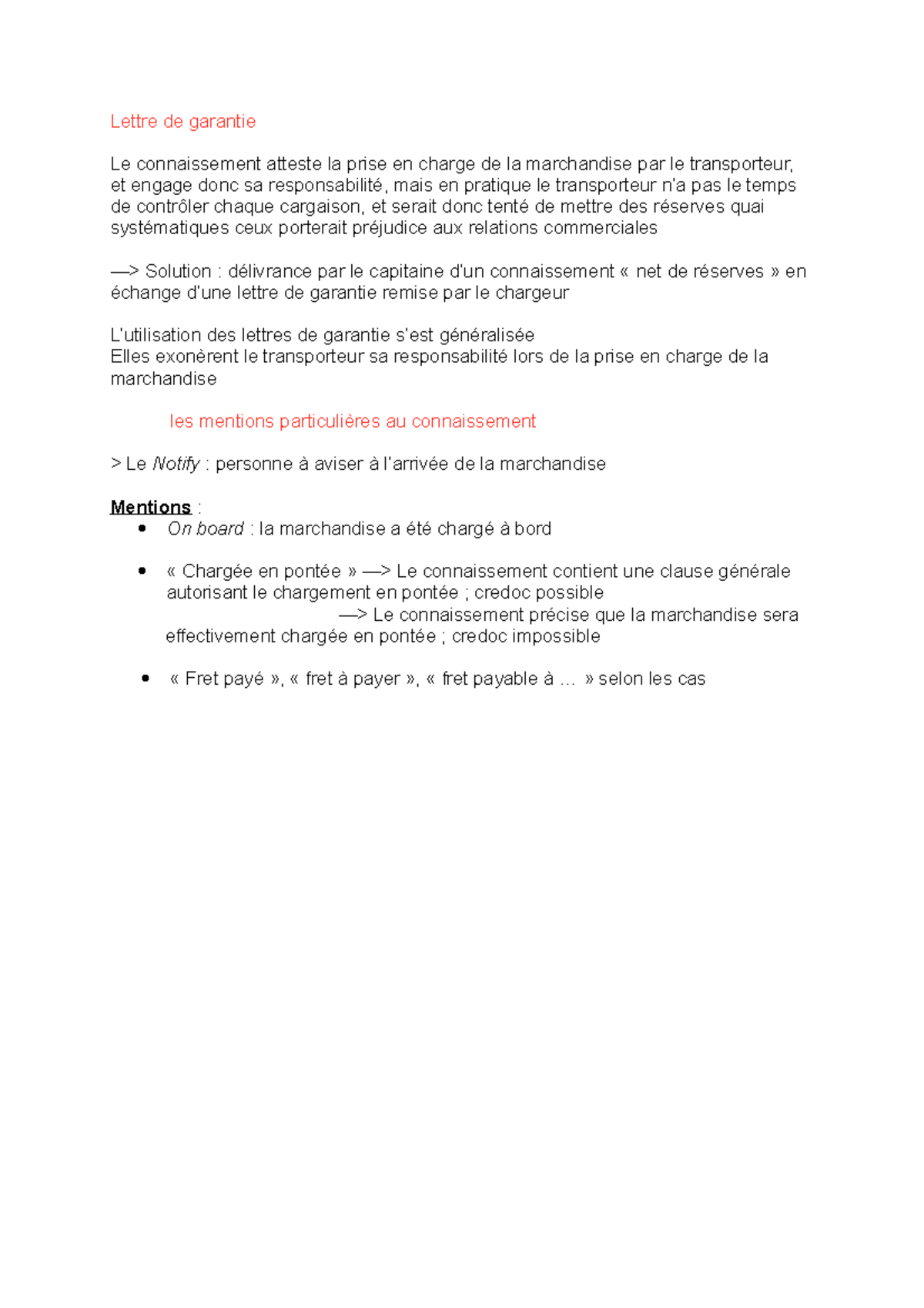 Lettre De Garantie Selon Les Cas Transbordement Gt Credoc Possible Si Transport Studocu