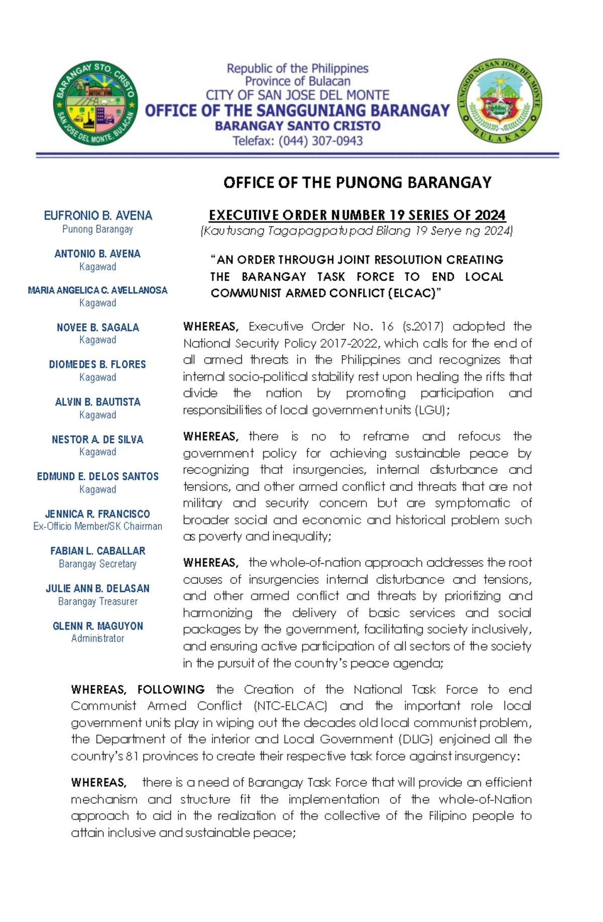 Eo Elcac Office Of The Punong Barangay Executive Order Number Series Of Kautusang