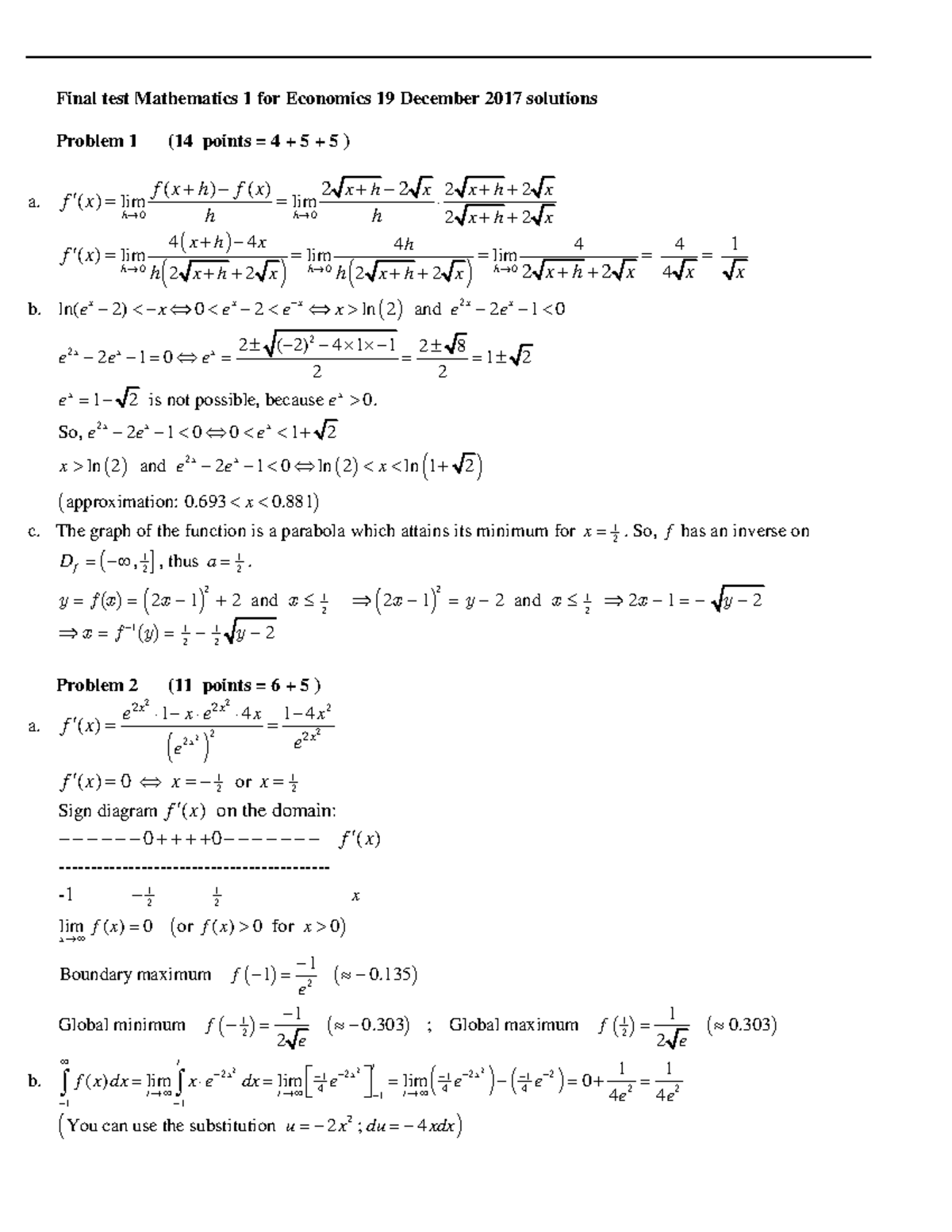 2017 1219 Final Test Mathematics 1 For Economics Solutions Final Test