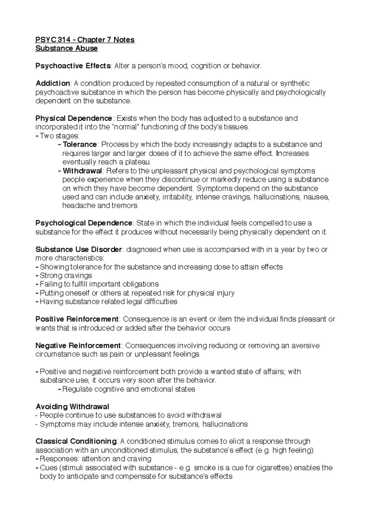 Chapter 7 Notes - PSYC 314 - Chapter 7 Notes Substance Abuse ...