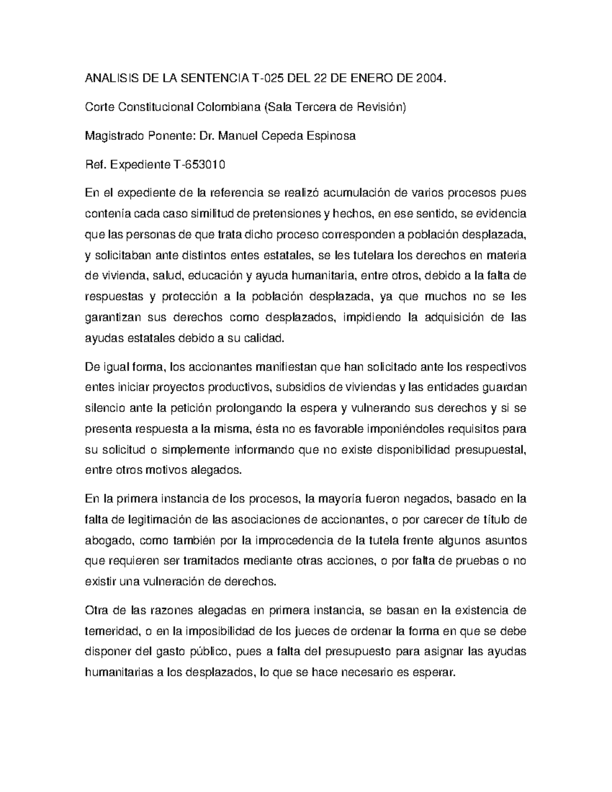 Analisis Sentencia T-025 DE 2004 - ANALISIS DE LA SENTENCIA T-025 DEL