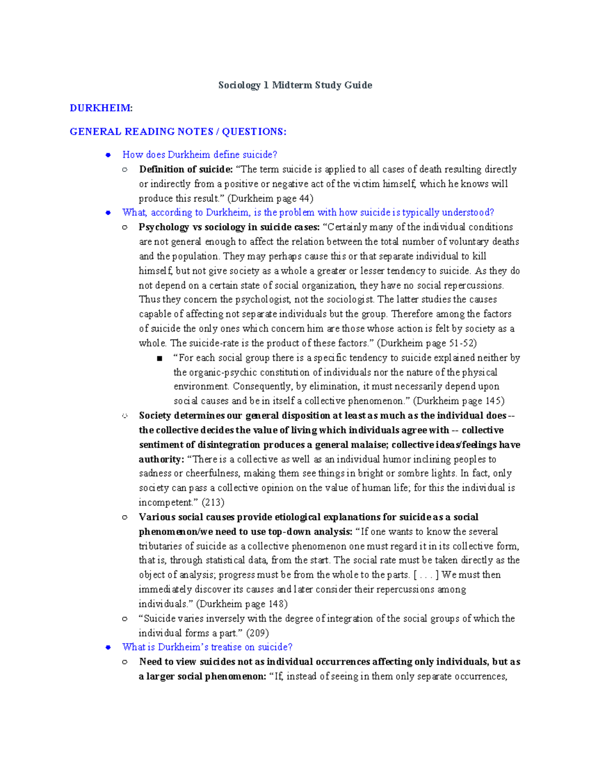 Socio 1 Midterm Study guide - Sociology 1 Midterm Study Guide DURKHEIM ...