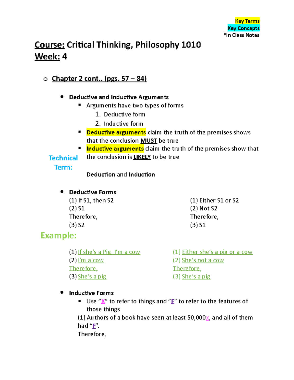 Critical Thinking Week 4 Notes - Key Concepts *In Class Notes Course ...