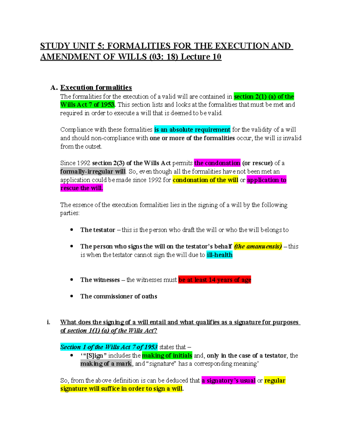 Study UNIT 5 - STUDY UNIT 5: FORMALITIES FOR THE EXECUTION AND ...