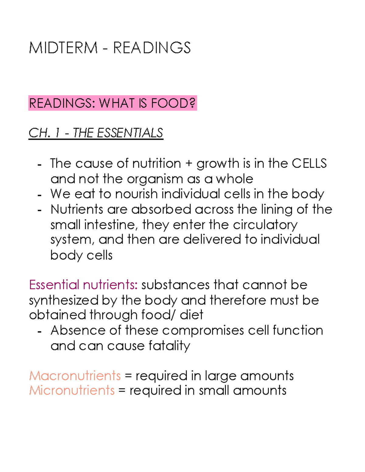 Midterm - Readings - READINGS: WHAT IS FOOD? CH. 1 - THE ESSENTIALS The ...