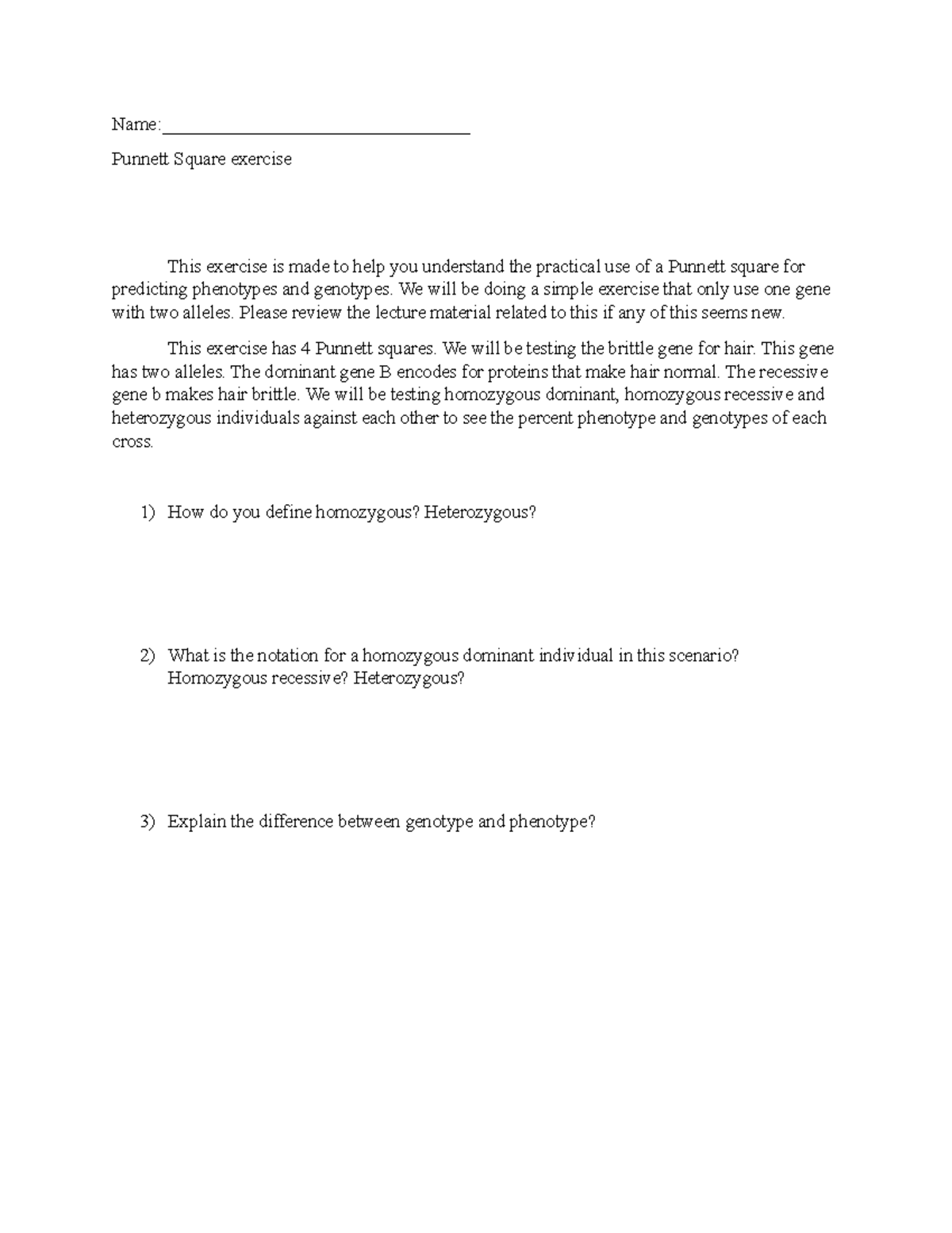 Punnet Square Exercise - Name:_________________________________ Punnett ...