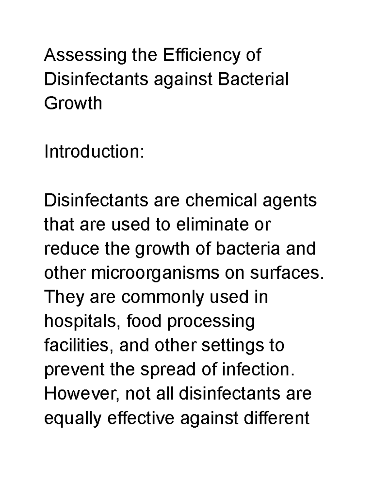 Study note Assessing the Efficiency of Disinfectants against
