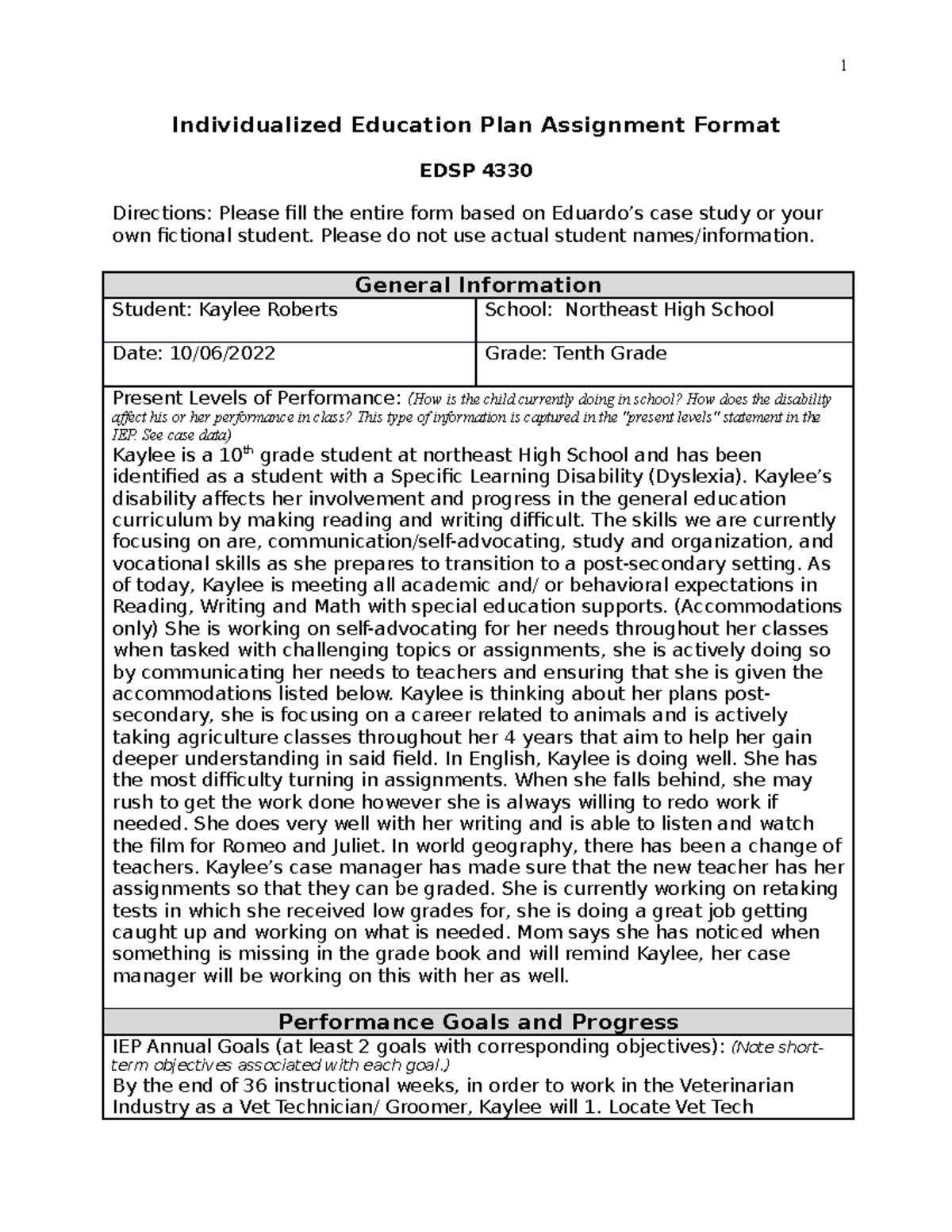 IEP Project - Individualized Education Plan Assignment Format EDSP 4330 ...