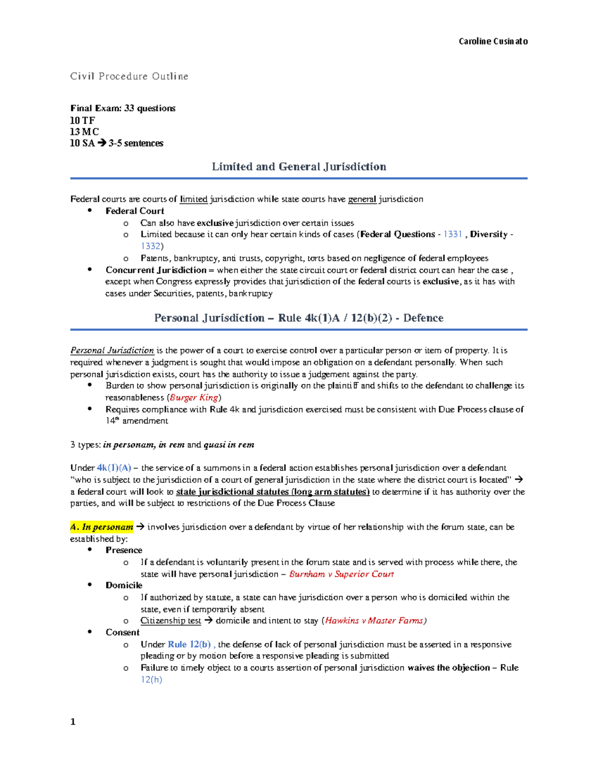 Caroine US Civ Pro Exam Outline - Civil Procedure Outline Final Exam ...