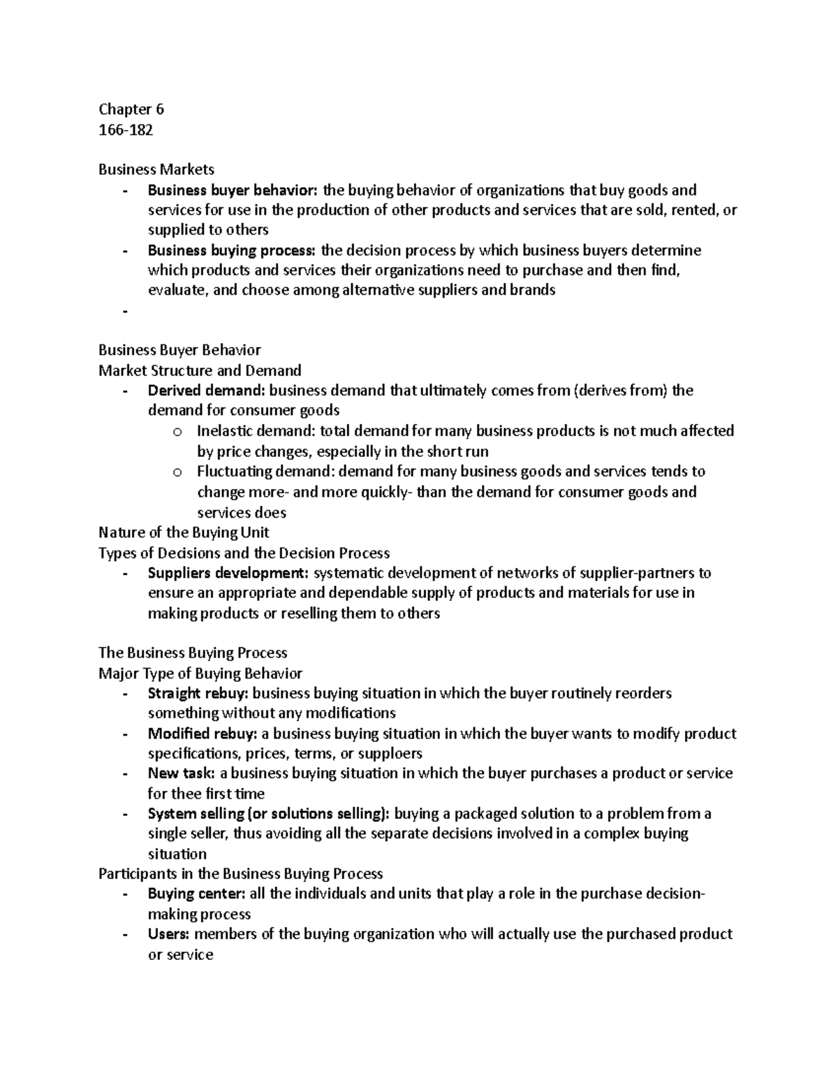 Chapter 6 Lecture Notes - Chapter 6 166- Business Markets - Business ...