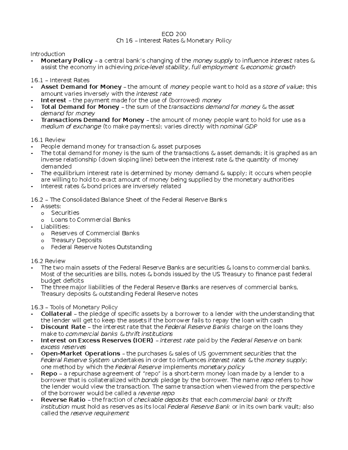 ECO Ch 16 Notes - Summary Macroeconomics - ECO 200 Ch 16 – Interest ...