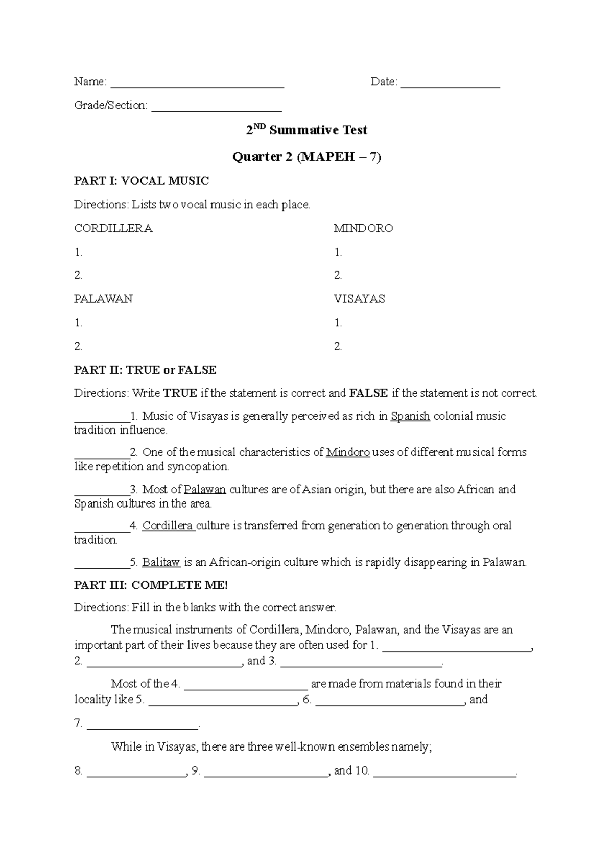 2nd Summative Test Quarter 2 Music 7 - Name ...