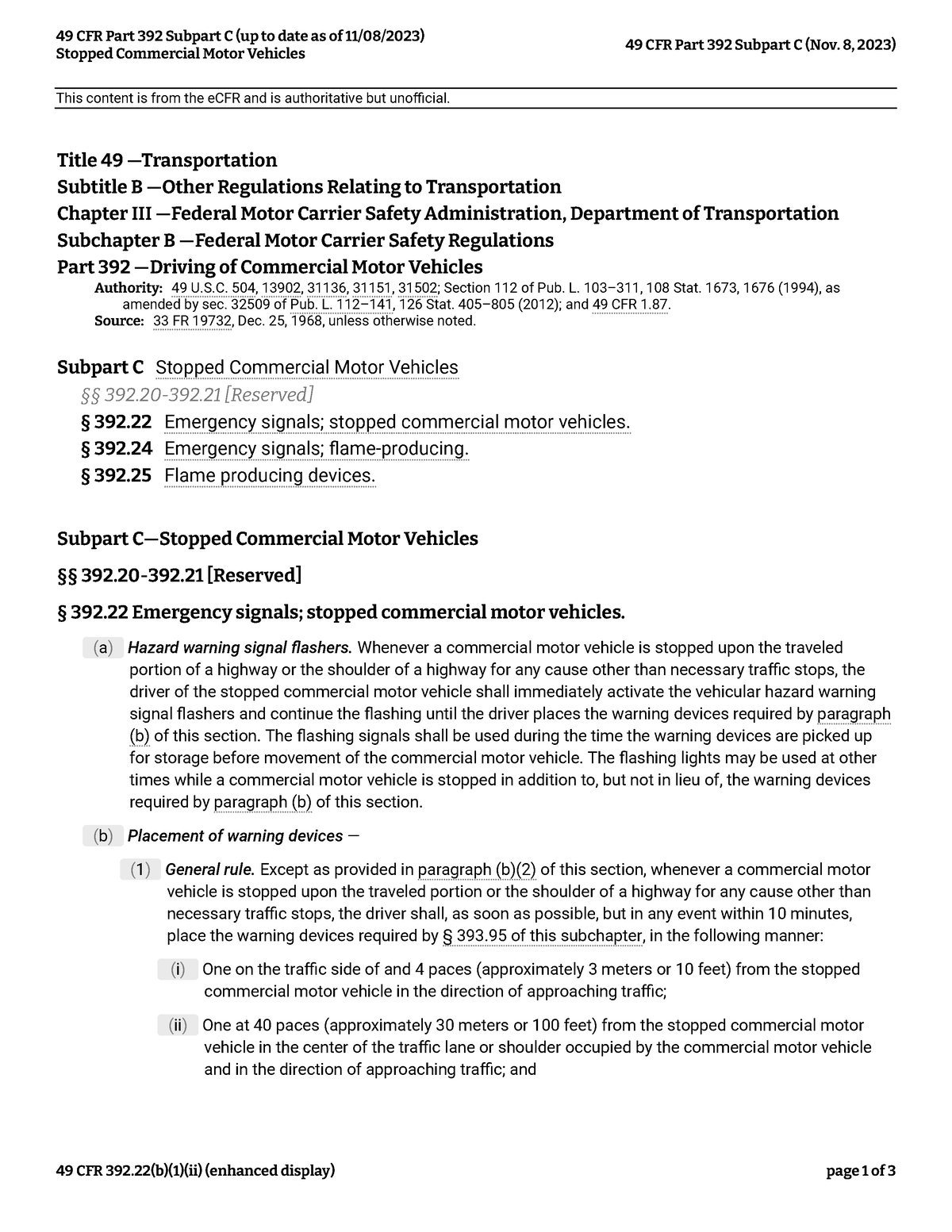 49 CFR Part 392 Subpart C (up To Date As Of 11-08-2023) - Title 49 ...