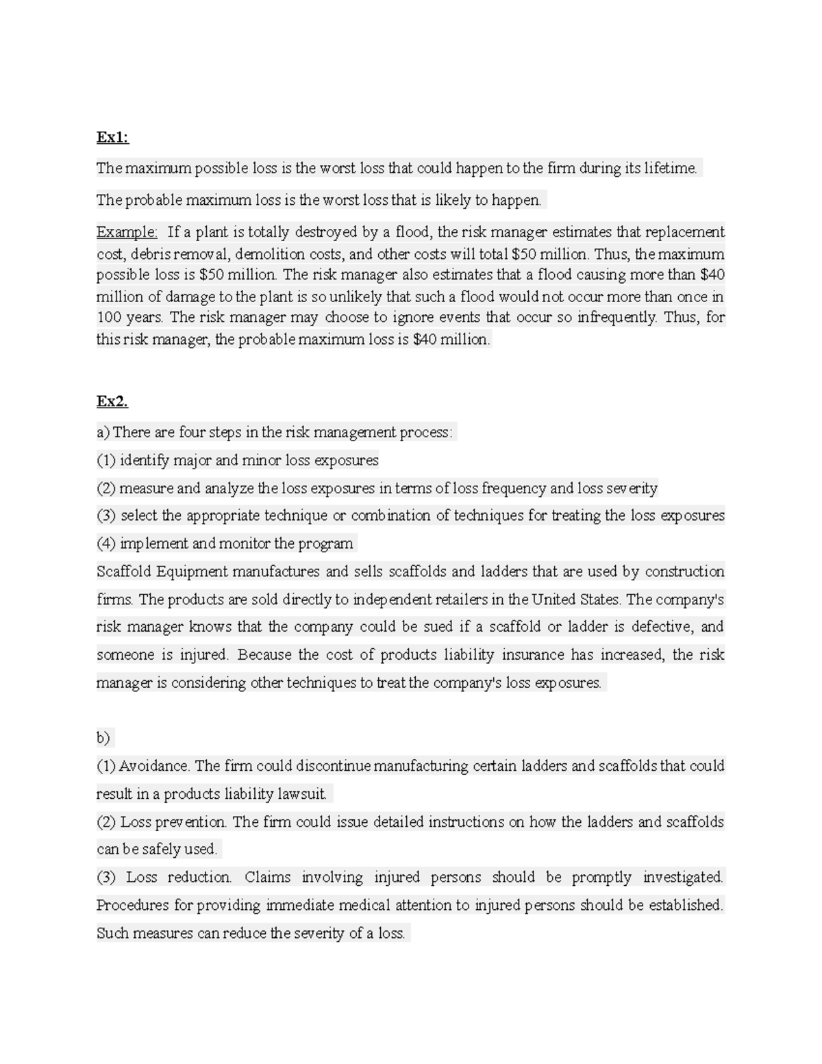 Small test of insurance and risk management - Ex1: The maximum possible ...