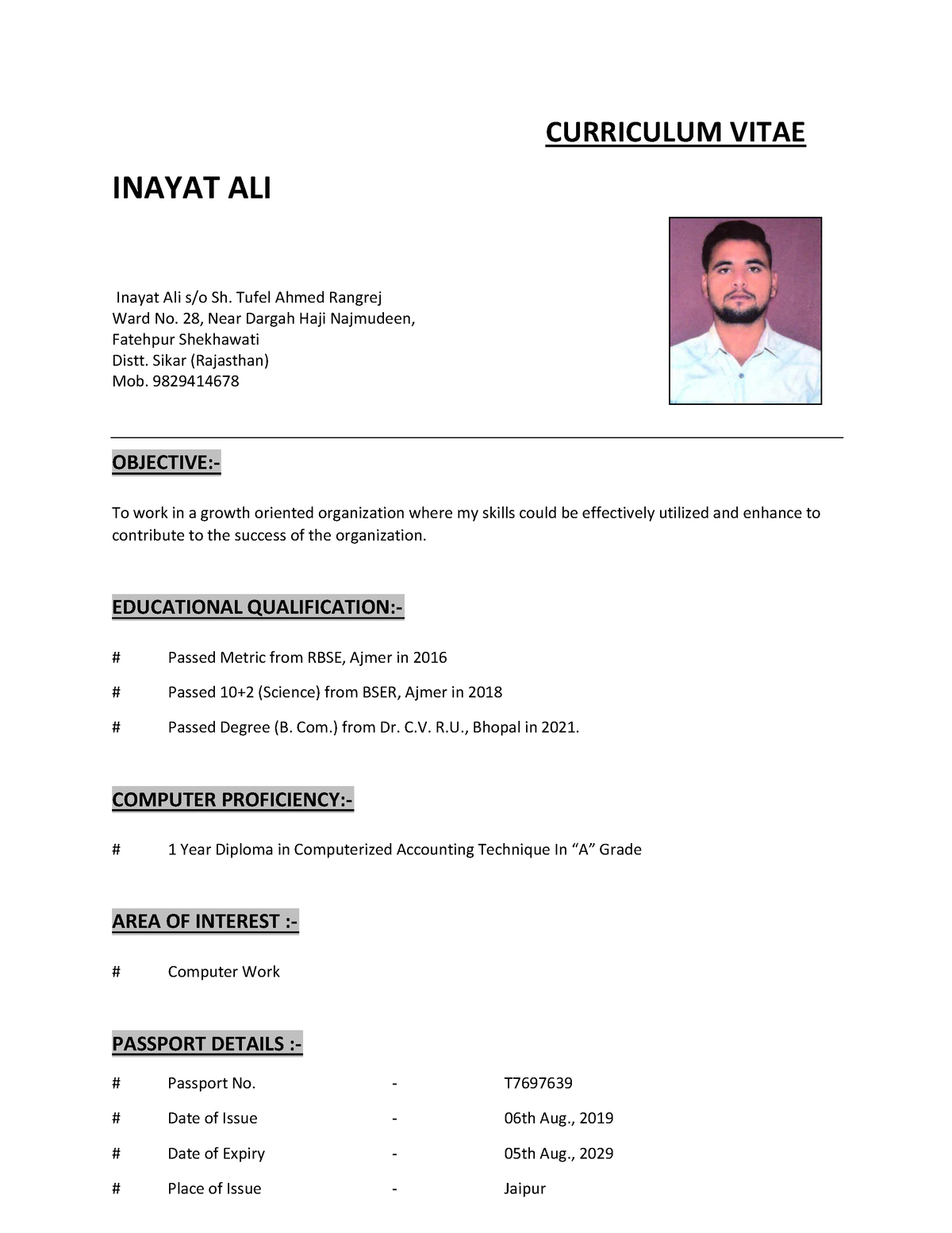 Inayat Resume - Tds - INAYAT ALI CURRICULUM VITAE Inayat Ali s/o Sh ...