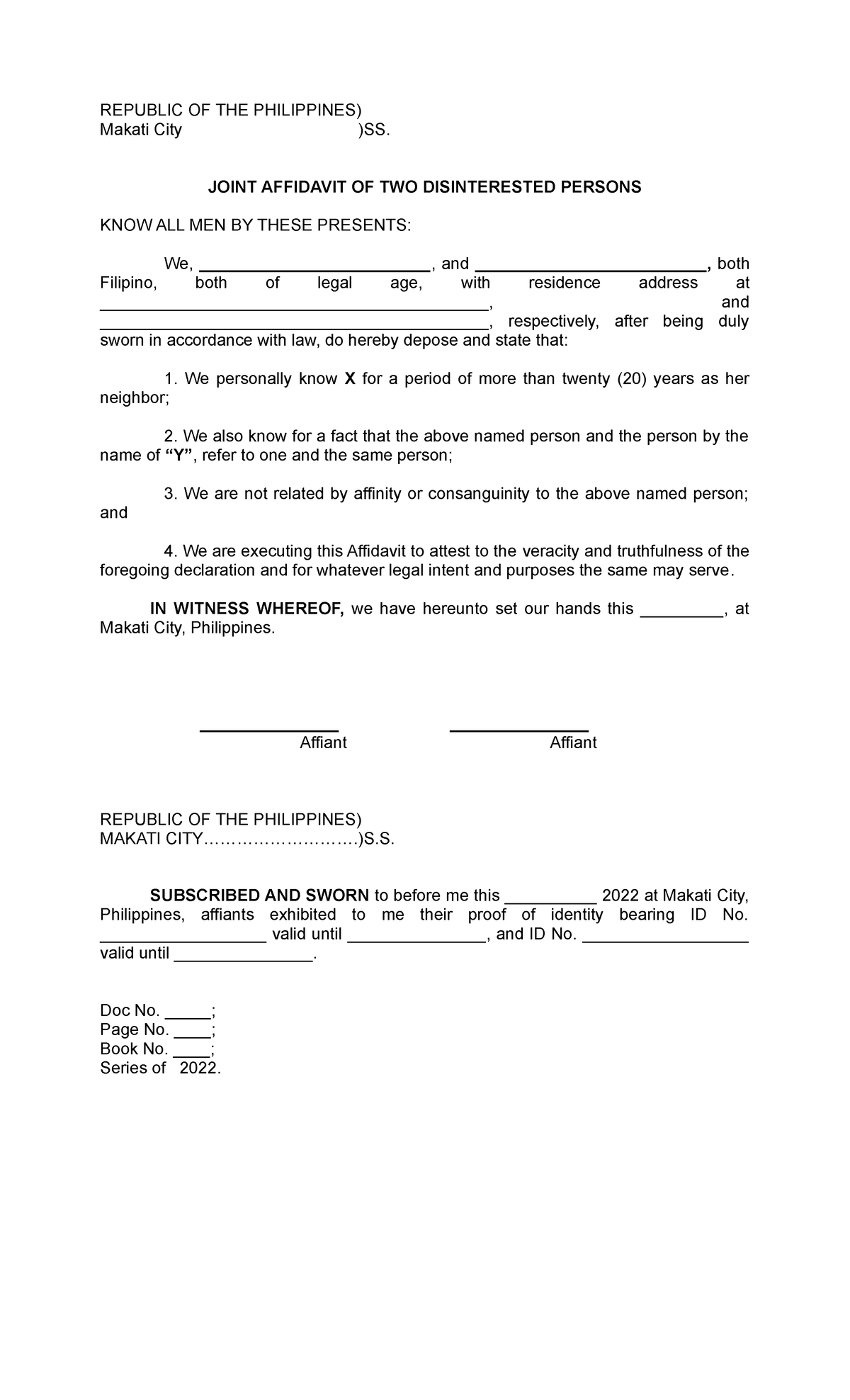 Affidavit Of Two Disinterested Witnesses - Republic Of The Philippines 